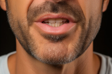 Obraz premium Close-up photo of a middle-aged man with stubble, with a perfect white natural smile