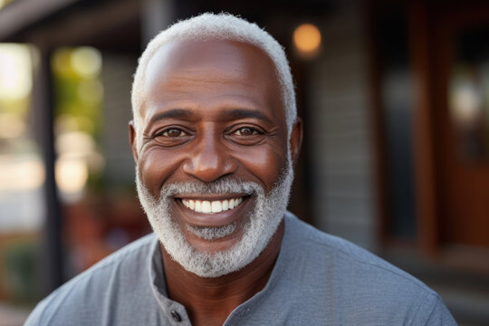 Close-up photo of an elderly African American man, around 65 years old, displaying an impeccable, white smile, teeth in excellent condition, captured in a warm, naturally lit setting that accentuates 