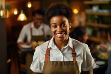 A waitress, female, 20 years old, African American, in a cafe, with a tray in her hands, smiling and serving customers