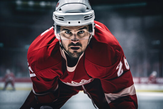 Photo of a hockey player, male, 28 years old, Canadian, in hockey gear, on the ice rink, capturing his aggressive and focused demeanor during a game