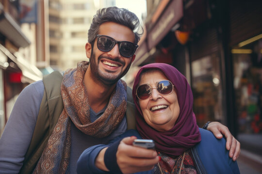 Portrait of a young male, 27 years old, Middle Eastern married with his older wife, 57 years old, Middle Eastern, taking a selfie in a city, reflecting joy and urban life