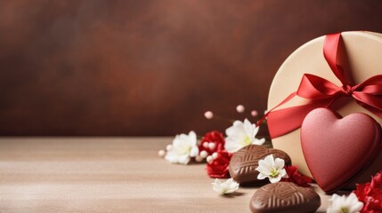 Fototapeta na wymiar A heart shaped box with chocolates and flowers