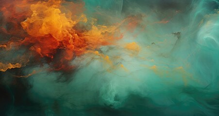 abstract colorful painting with turquoise and orange colors, in the style of ebru sidar, atmospheric clouds, uhd image, desertwave, abstraction-création, cai guo-qiang, serene visuals