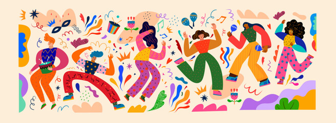 Vector illustration with dancing people. Design for Brazil Carnival.	 - 697986546