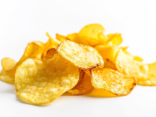 Crispy fresh potato chips isolated on white background. 