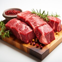 Obraz premium Raw Beef Meat On Wooden Cutting On White Background, Illustrations Images