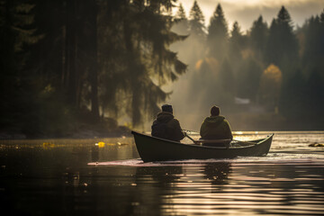 Two people canoeing on a serene lake at dusk with misty forest background. - Powered by Adobe