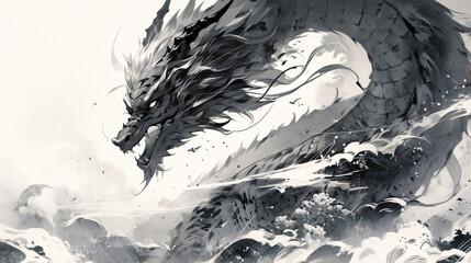 Ink style Chinese dragon image poster, Spring Festival traditional festival Year of the Dragon zodiac concept illustration
