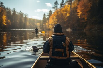 Person canoeing on a tranquil river with autumn foliage and a fisherman in the background.