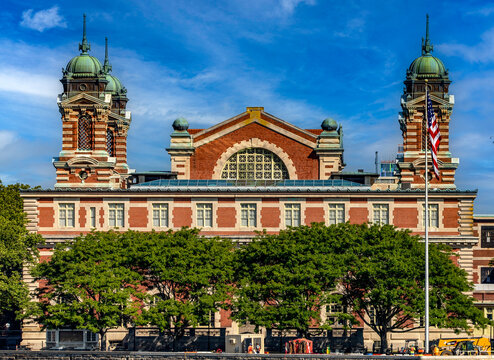 New York, USA; June 1, 2023: Photograph of the Ellis Island Immigration Museum under a beautiful blue sky, typical of the Big Apple and Manhattan.
