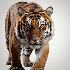 Fototapeta premium Tiger Prowling Approaching Looking Camera Isolated On White Background, Illustrations Images