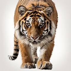 Obraz premium Tiger Prowling Approaching Looking Camera Isolated On White Background, Illustrations Images