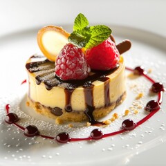 Elegant dessert plating with a mini cheesecake topped with fresh raspberry, mint leaf,