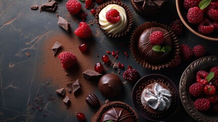 Assorted gourmet chocolates with fresh raspberries and mint on a dark background.