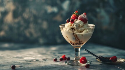Gourmet vanilla ice cream topped with fresh berries in an elegant glass bowl, with scattered fruits and a spoon on a rustic table. - obrazy, fototapety, plakaty