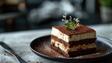 A slice of layered tiramisu topped with fresh berries on a plate, dusted with cocoa, with a blurred background.