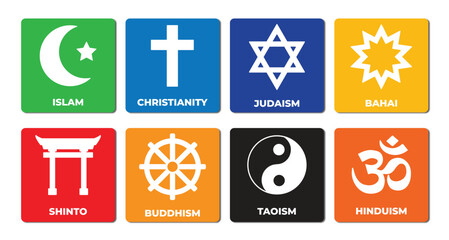 The pluralism of symbols with a colorful grid ; set of symbol religion islam, christianity, juadaism, bahai, shinto, buddhism, taoism, hinduism