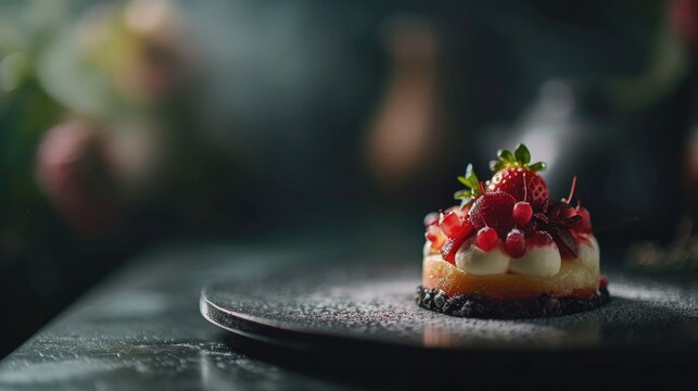 Elegant dessert with berries on a dark plate with a blurred background, perfect for menu design or culinary blog.