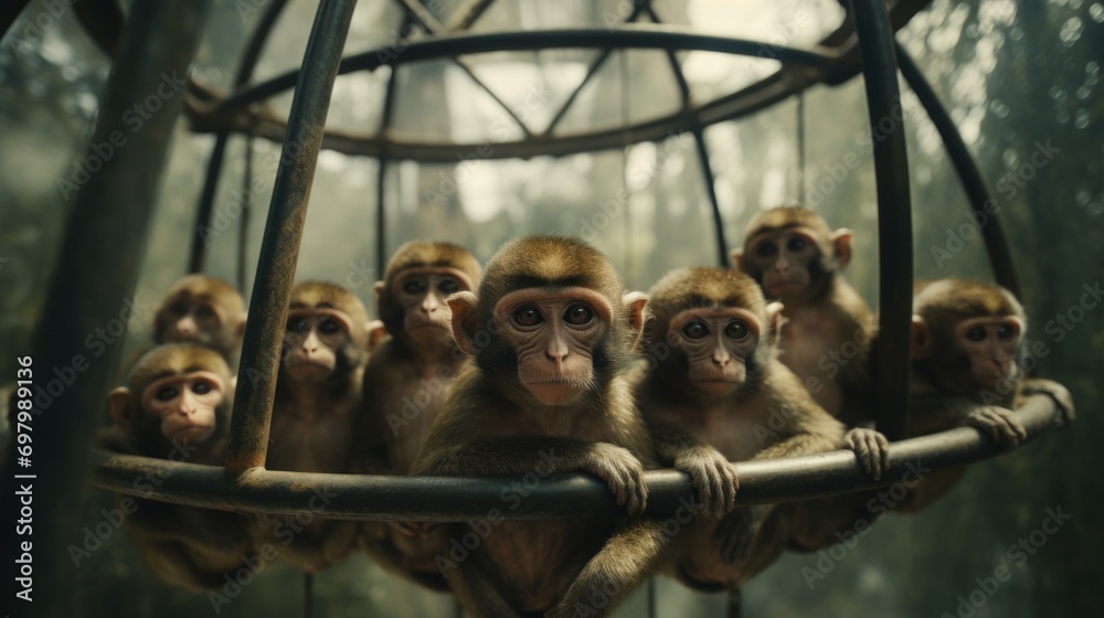 Poster Visitors observing a playful group of monkeys swinging and interacting in their habitat at the zoo. Generative  AI 