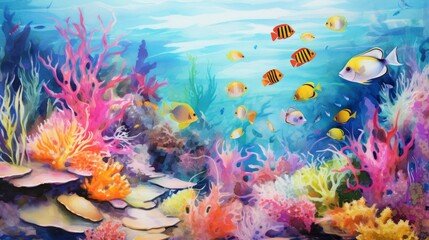 Fototapeta na wymiar Vibrant coral reefs teeming with marine life. aquarelle. Generative AI 