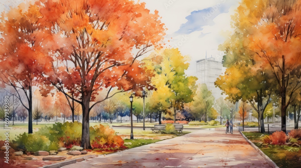 Poster Urban parks with colorful foliage.. Generative  AI 