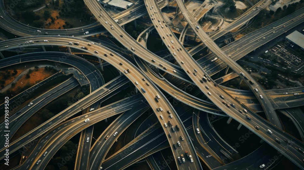 Poster Top-down perspectives of an intricate stack interchange, emphasizing the levels and connectivity of roadways. aerial. Generative  AI 
