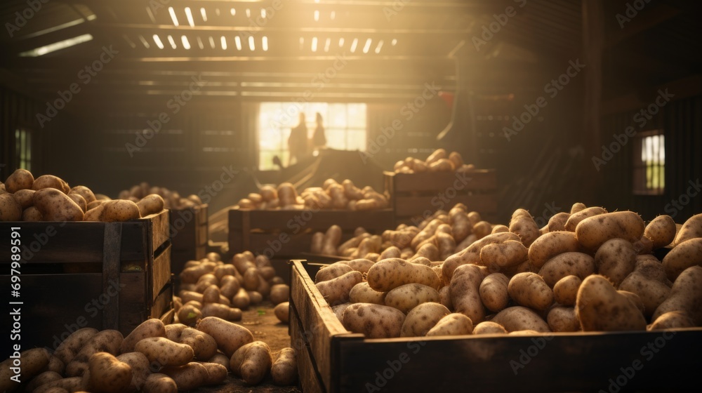 Poster storing potatoes in boxes harvest. generative ai