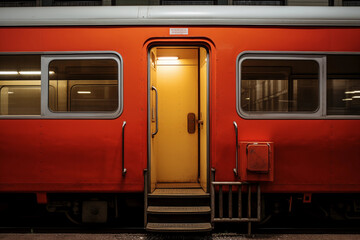 The open front door of an evening train carriage