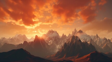The tranquility of a mountain sunrise, casting warm hues over jagged peaks and creating a stunning vista.. Generative  AI 