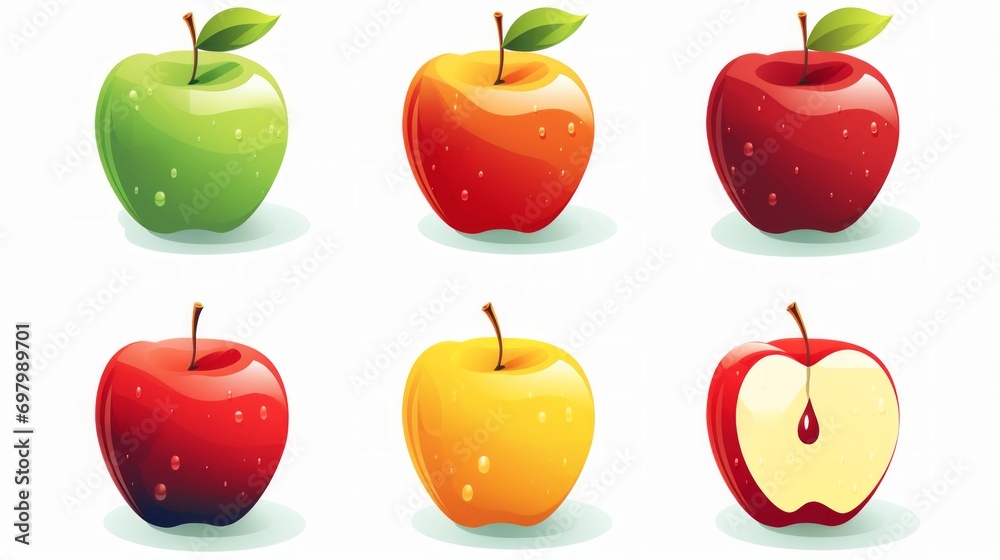 Poster six apples of different colors in the form of icons. Generative  AI 