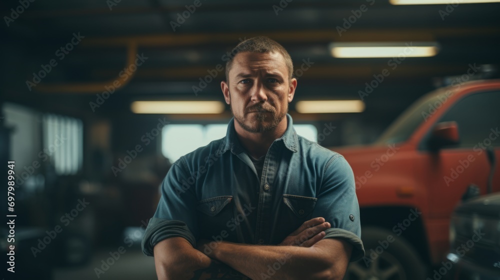 Poster portrait of an auto mechanic with a toolbox, professional and confident, garage setting with vehicle