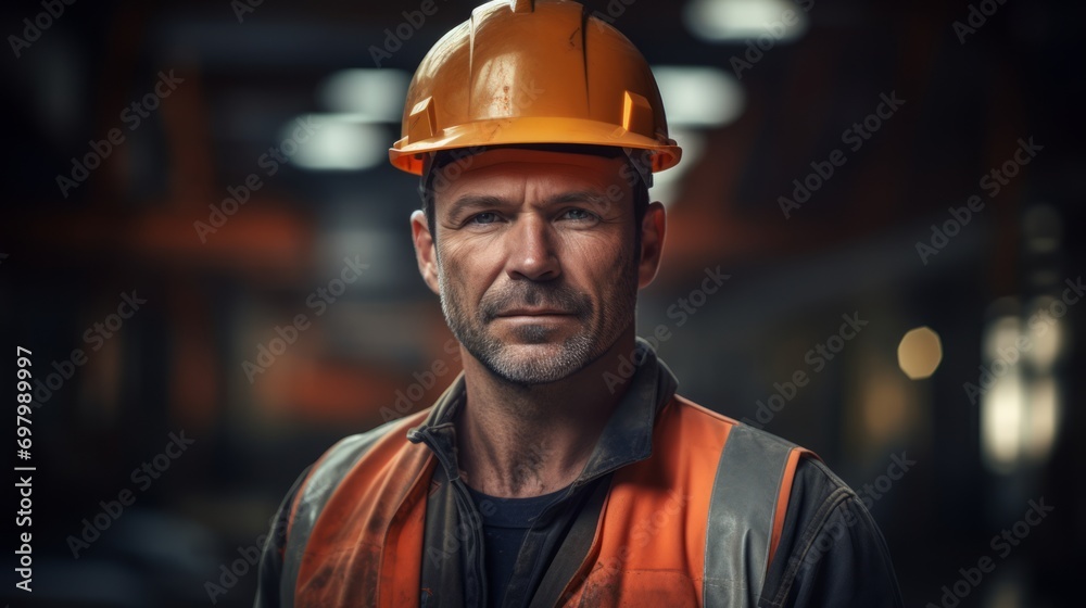 Poster portrait of a builder with a hammer and level, confident and skilled, on a construction site backgro