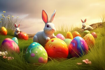 Artwork depicting adorable bunnies frolicking amidst colorful Easter eggs on a grassy field. Generative AI