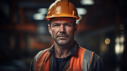 Portrait of a builder with a hammer and level, confident and skilled, on a construction site background. Generative  AI  - obrazy, fototapety, plakaty