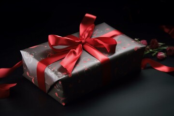 gift wrapped with red ribbon. Generative AI