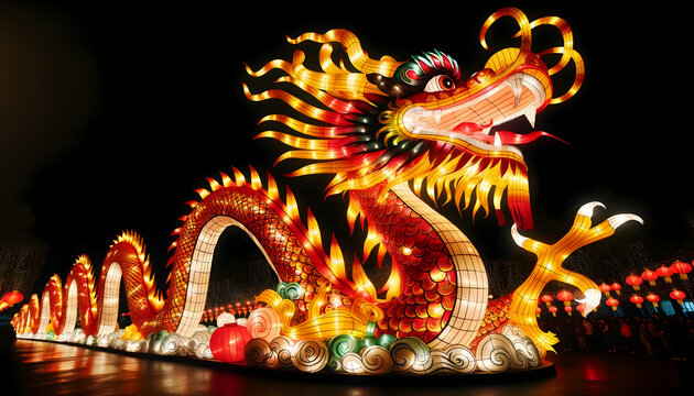 Chinese illuminated dragon lantern sculpture at night.