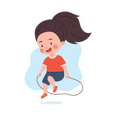 Cute little girl jumping jump rope, vector cartoon kid skipping rope activity, leisure sport time, have fun, child play