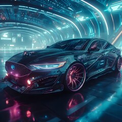 3D rendering of a brand-less generic concept car in a futuristic environment
