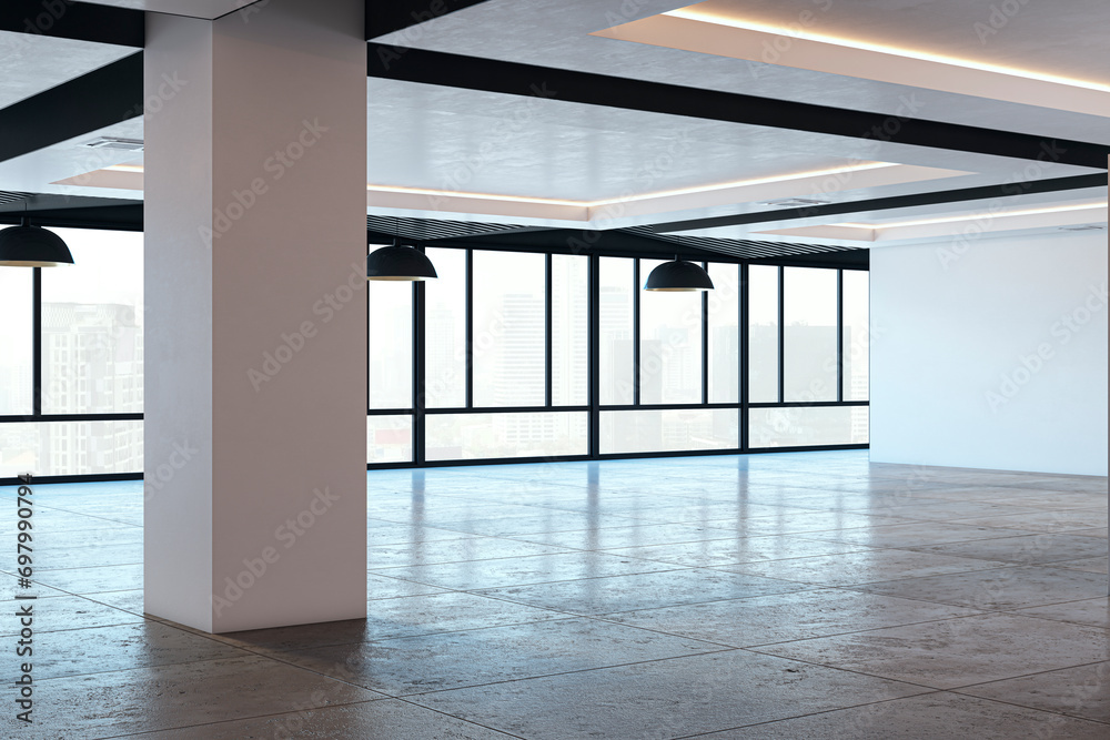 Poster empty spacious interior design with panoramic windows and city view, reflections on wooden flooring.