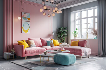 pastel color modern living room with sofa