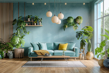 pastel color modern living room with sofa