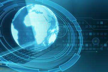 Close up of laptop computer with creative glowing globe hologram on blurry background. Metaverse, device, map and global network concept. 3D Rendering.