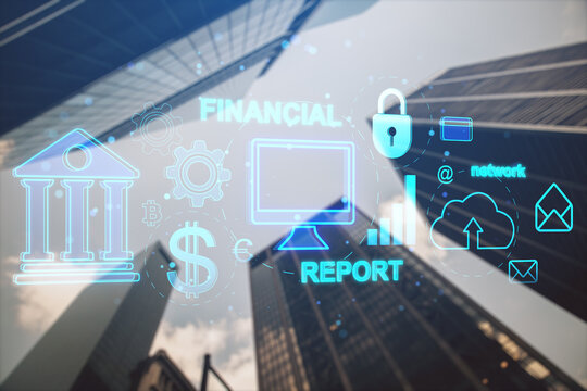 Creative financial banking interface on blurry city background. Marketing, finance and online bank app concept. Double exposure.