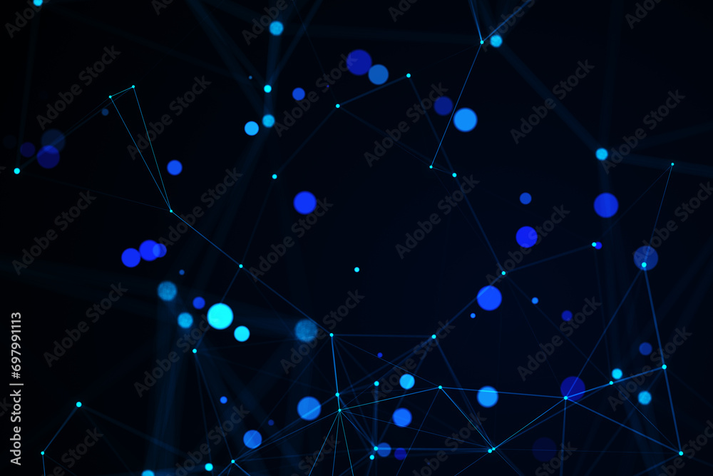 Aufkleber Creative low poly plexus digital padlock interface on blurry dark background. Safety, security, hacking and data protection concept. 3D Rendering.