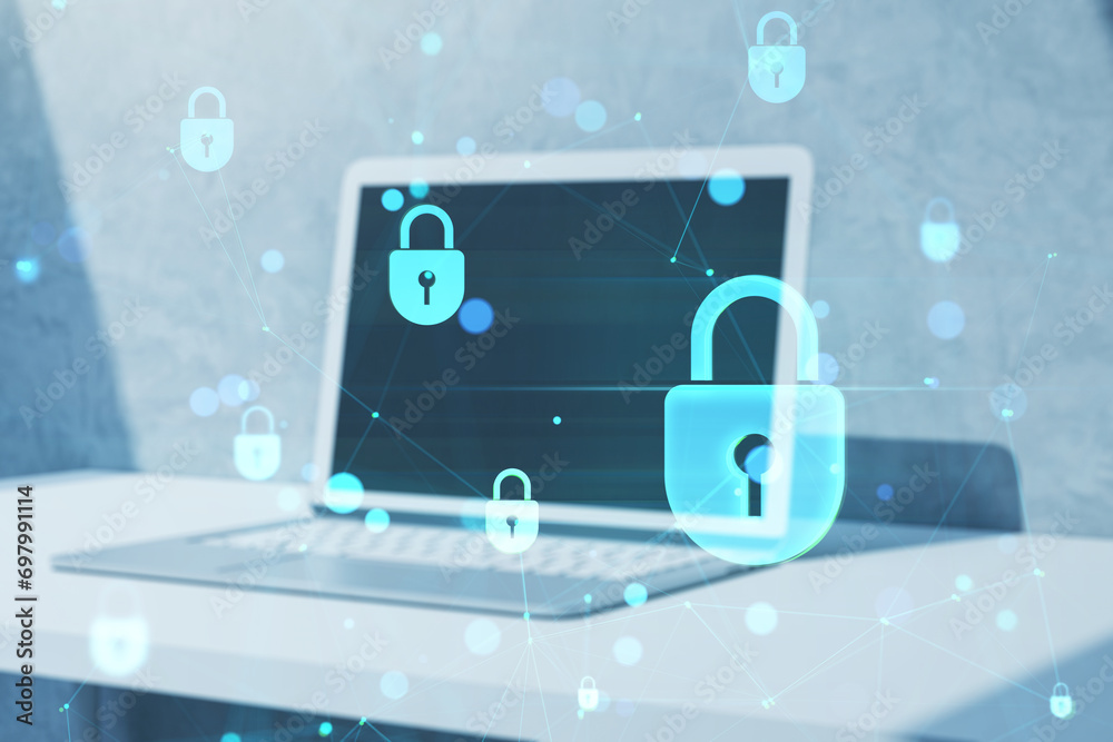 Poster Close up of notebook on desk with creative low poly plexus digital padlock interface on blurry background. Safety, security, hacking and data protection concept. Double exposure.