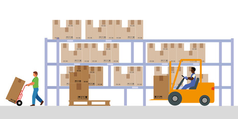 Moving boxes in the warehouse by means of a hydraulic forklift truck. Storage, sorting and delivery. Storage equipment. 