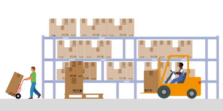 Moving boxes in the warehouse by means of a hydraulic forklift truck. Storage, sorting and delivery. Storage equipment.  - Powered by Adobe