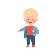 Happy blonde little boy puts on jacket flat style, vector illustration