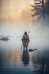 A mist-covered lake becomes the backdrop for a native mystic standing at the water's edge