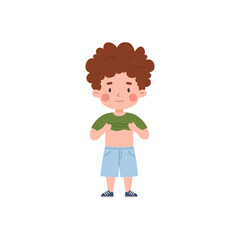 Kid dressing himself up, vector cartoon cute boy standing undressing or dressing green t-shirt, children development